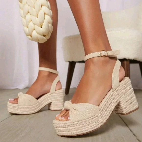 Knotted Linen Peep Toe Espadrille Platform Heels - Picture 1 of 5